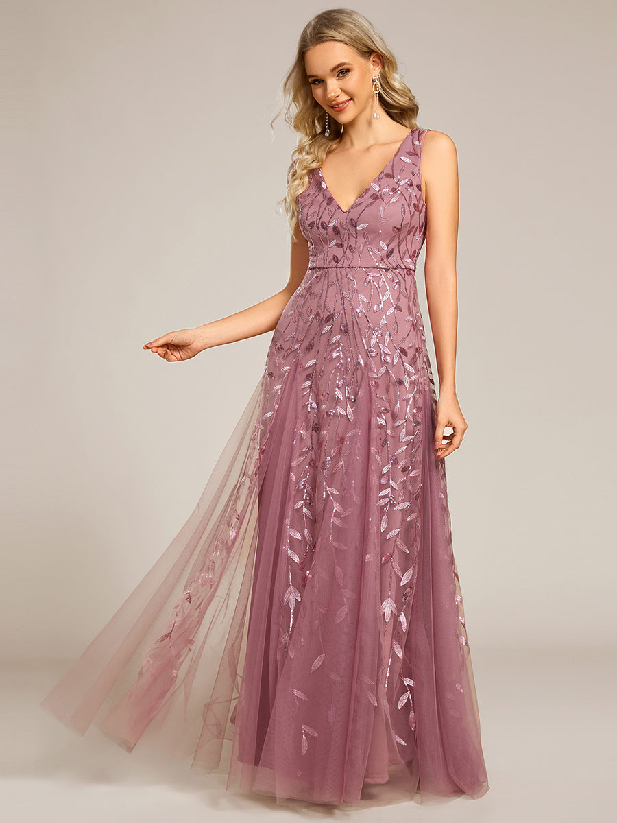 Funkelndes Abendkleid in A-Linie mit Empire-Taille und langen ?rmeln #farbe_Orchideenviolett