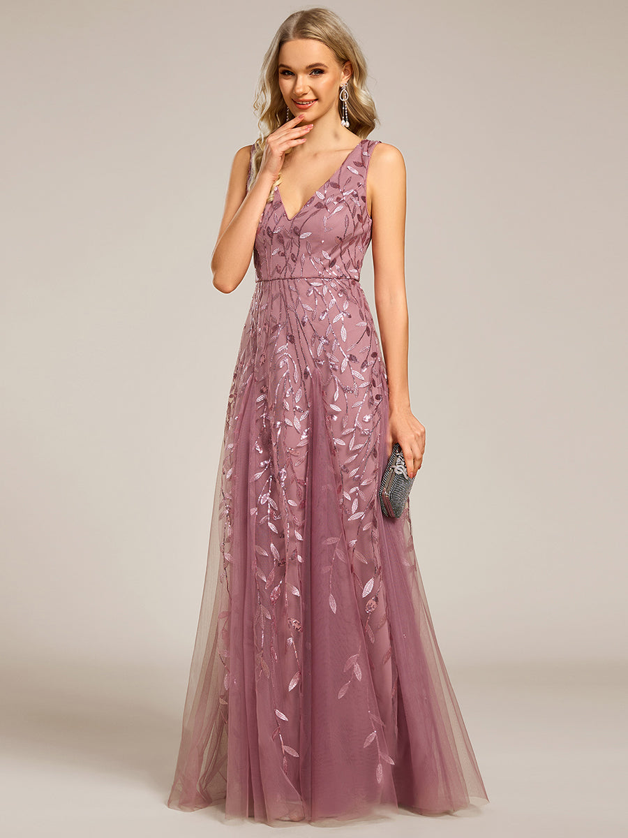 Funkelndes Abendkleid in A-Linie mit Empire-Taille und langen ?rmeln #farbe_Orchideenviolett