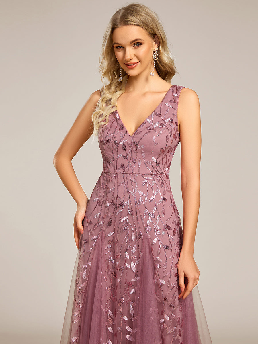 Funkelndes Abendkleid in A-Linie mit Empire-Taille und langen ?rmeln #farbe_Orchideenviolett