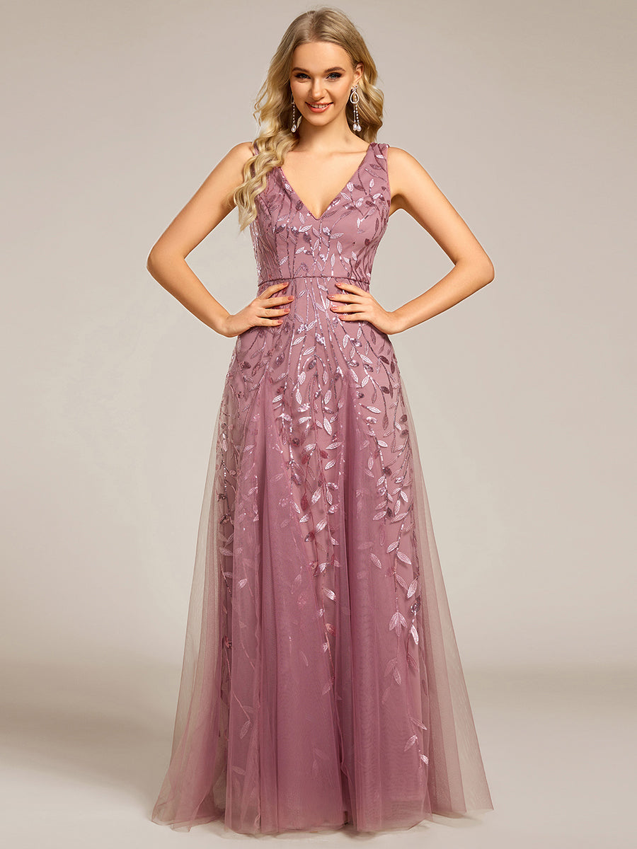 Funkelndes Abendkleid in A-Linie mit Empire-Taille und langen ?rmeln #farbe_Orchideenviolett