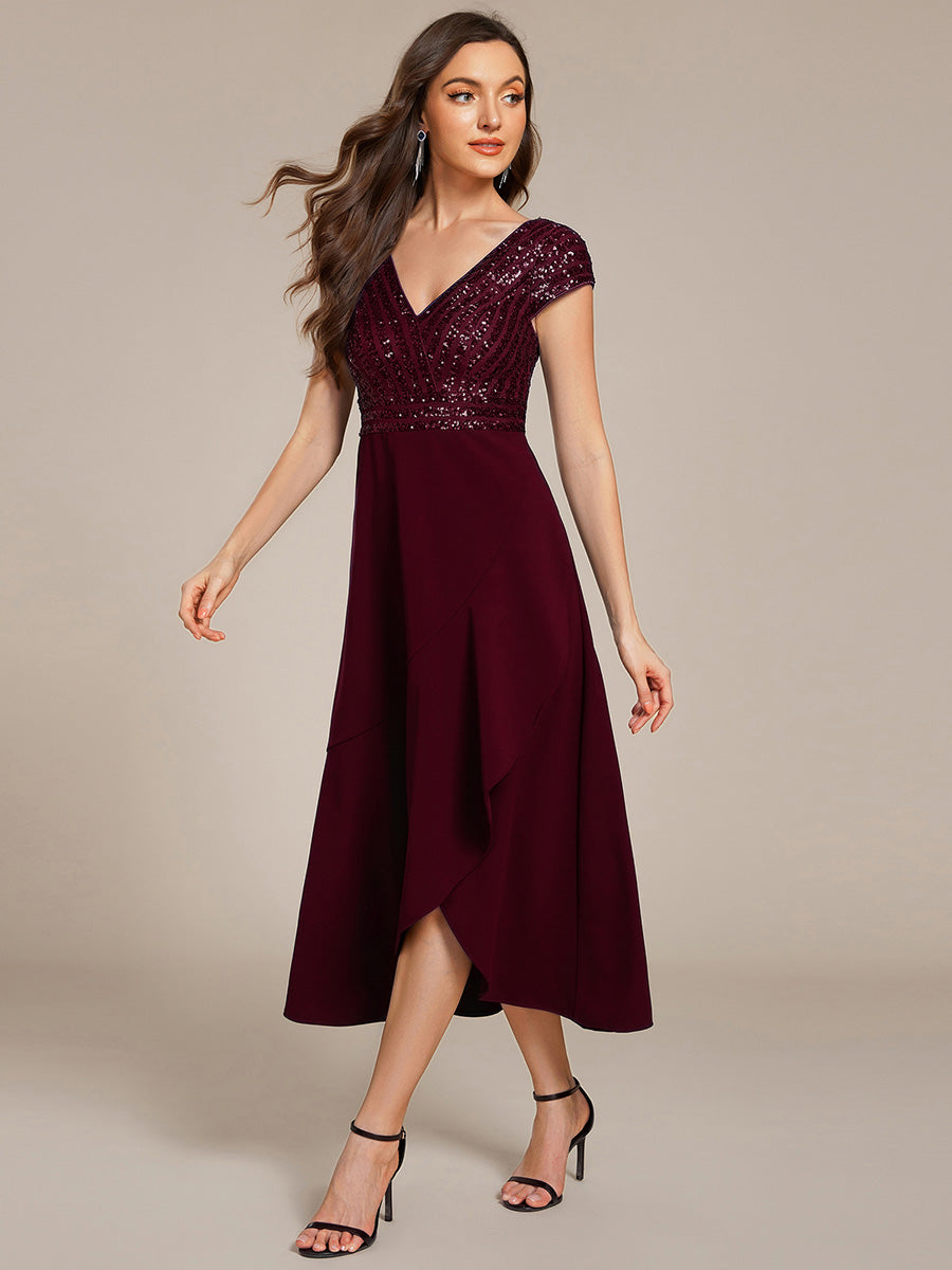 Hoch-Tief Pailletten Kleid Mit Tiefem V-Ausschnitt Und Asymmetrischem Saum Perfekt Für Partys Kleid #Farbe_Burgunderrot