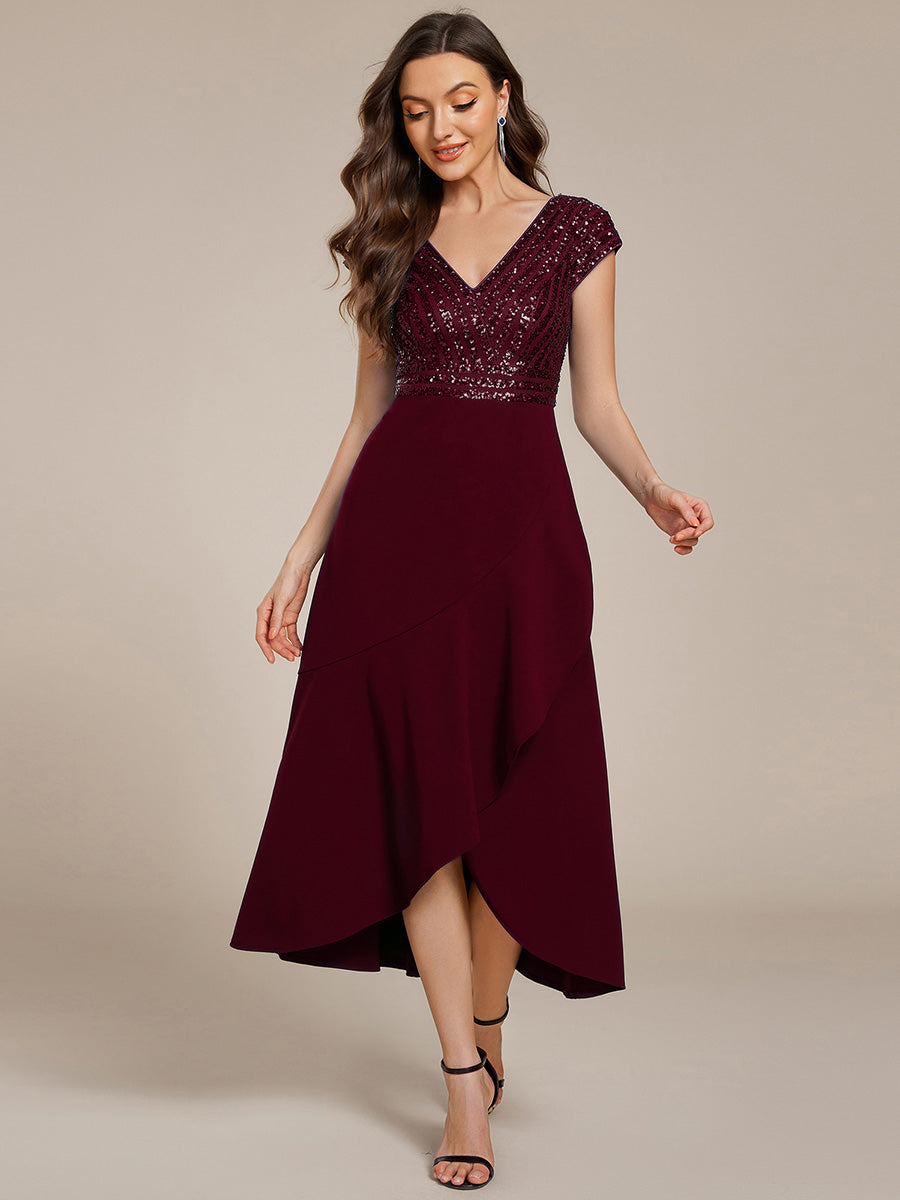 Hoch-Tief Pailletten Kleid Mit Tiefem V-Ausschnitt Und Asymmetrischem Saum Perfekt Für Partys Kleid #Farbe_Burgunderrot
