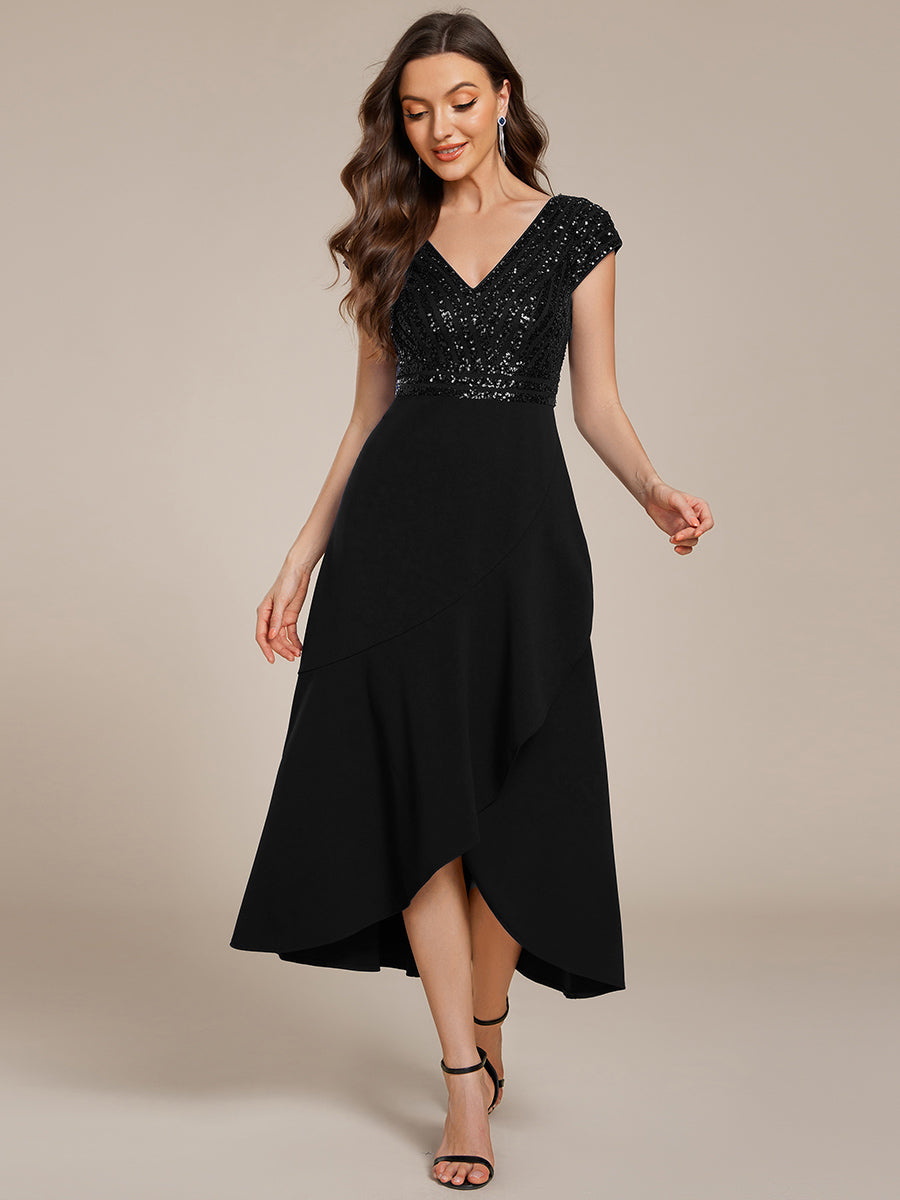 Hoch-Tief Pailletten Kleid Mit Tiefem V-Ausschnitt Und Asymmetrischem Saum Perfekt Für Partys Kleid #Farbe_Schwarz