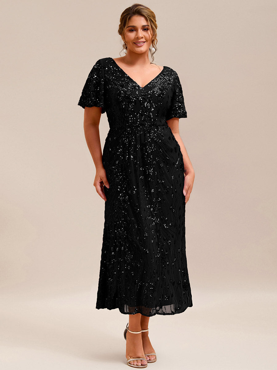 Maxi Und Knöchellange Tiefe V-Ausschnitt Meerjungfrau Pailletten Kleid Atemberaubende Eleganz Kleid #Farbe_Schwarz