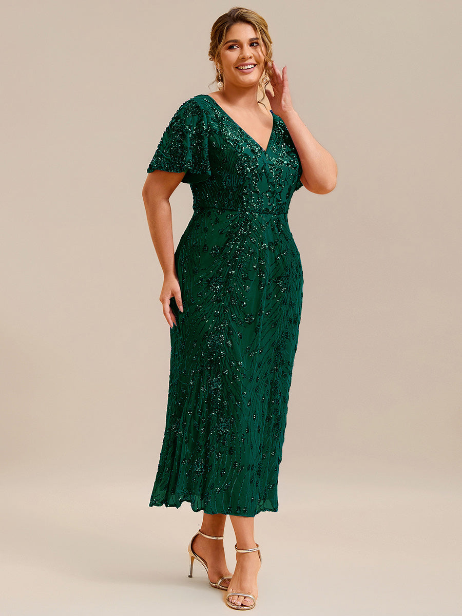 Maxi Und Knöchellange Tiefe V-Ausschnitt Meerjungfrau Pailletten Kleid Atemberaubende Eleganz Kleid #Farbe_Dunkelgrün