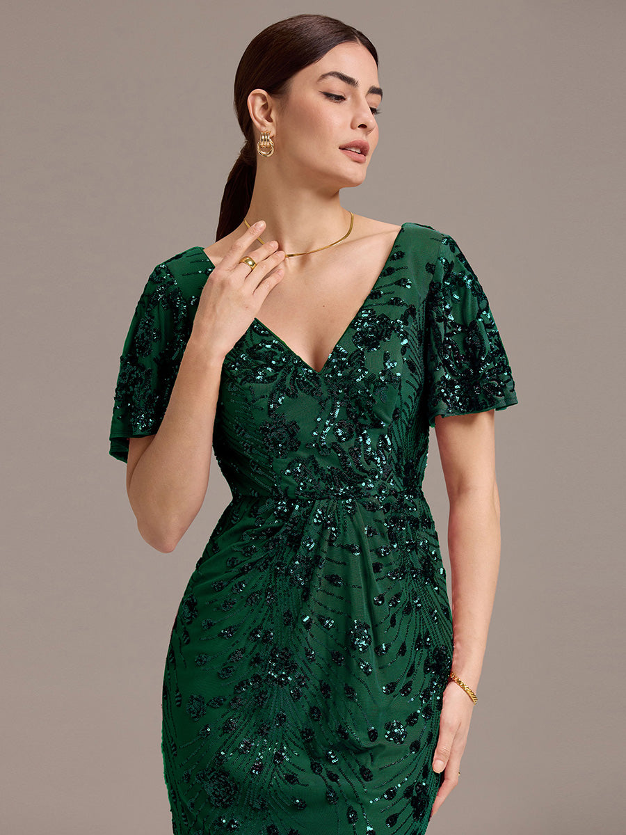Maxi Und Knöchellange Tiefe V-Ausschnitt Meerjungfrau Pailletten Kleid Atemberaubende Eleganz Kleid #Farbe_Dunkelgrün