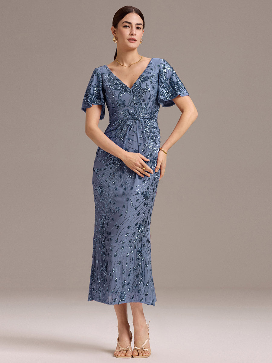 Maxi Und Knöchellange Tiefe V-Ausschnitt Meerjungfrau Pailletten Kleid Atemberaubende Eleganz Kleid #Farbe_Taubenblau