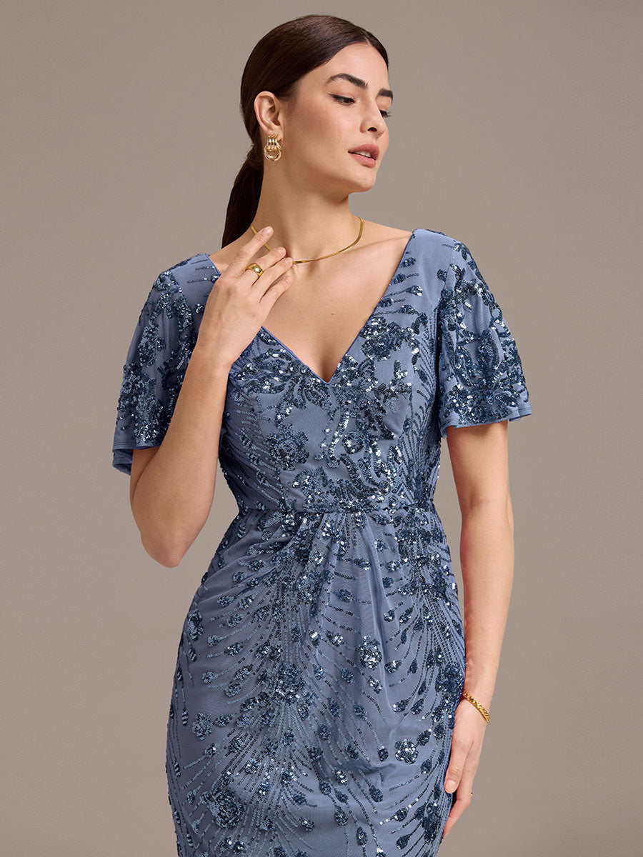 Maxi Und Knöchellange Tiefe V-Ausschnitt Meerjungfrau Pailletten Kleid Atemberaubende Eleganz Kleid #Farbe_Taubenblau