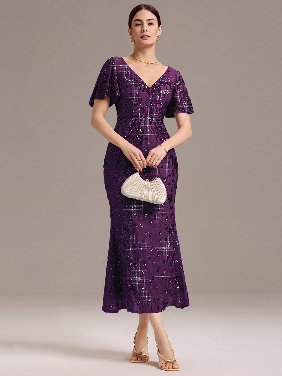 Maxi Und Knöchellange Tiefe V-Ausschnitt Meerjungfrau Pailletten Kleid Atemberaubende Eleganz Kleid #Farbe_Dunkelviolett
