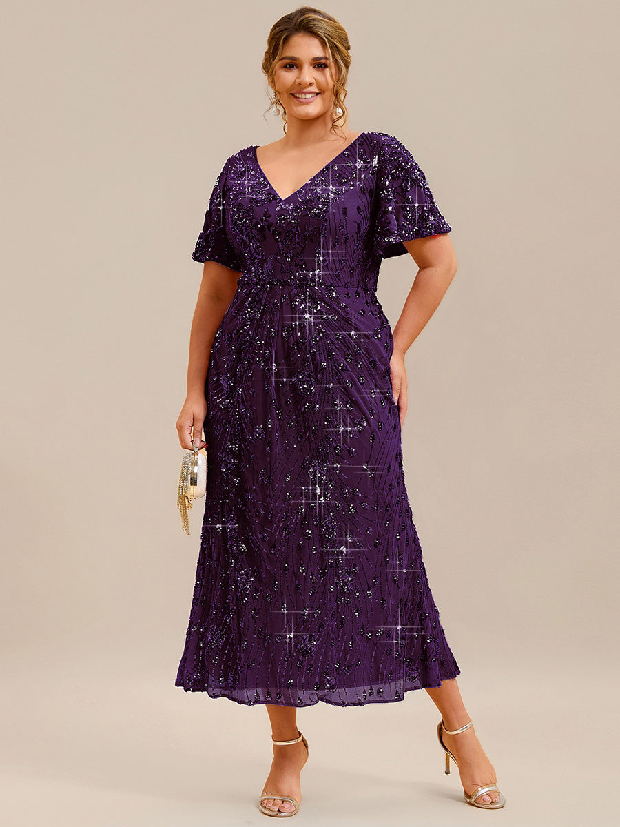 Maxi Und Knöchellange Tiefe V-Ausschnitt Meerjungfrau Pailletten Kleid Atemberaubende Eleganz Kleid #Farbe_Dunkelviolett