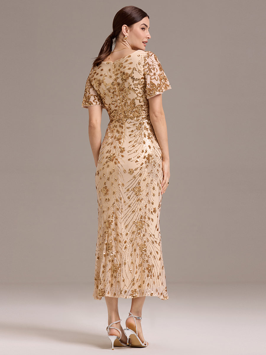 Maxi Und Knöchellange Tiefe V-Ausschnitt Meerjungfrau Pailletten Kleid Atemberaubende Eleganz Kleid #Farbe_Gold
