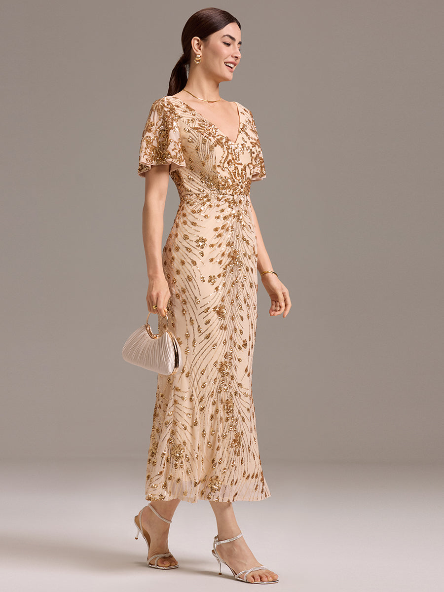 Maxi Und Knöchellange Tiefe V-Ausschnitt Meerjungfrau Pailletten Kleid Atemberaubende Eleganz Kleid #Farbe_Gold