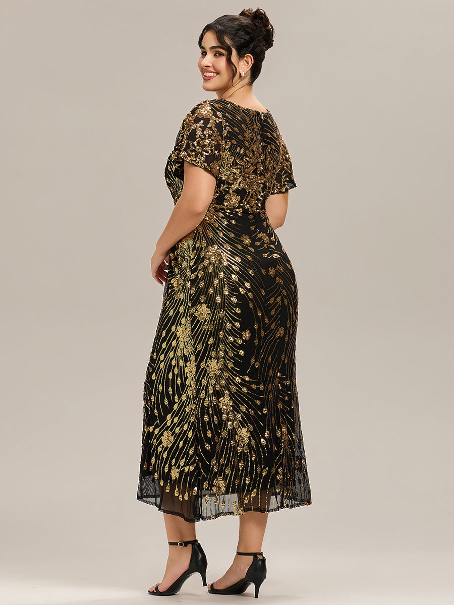 Maxi Und Knöchellange Tiefe V-Ausschnitt Meerjungfrau Pailletten Kleid Atemberaubende Eleganz Kleid #Farbe_Schwarz & Gold