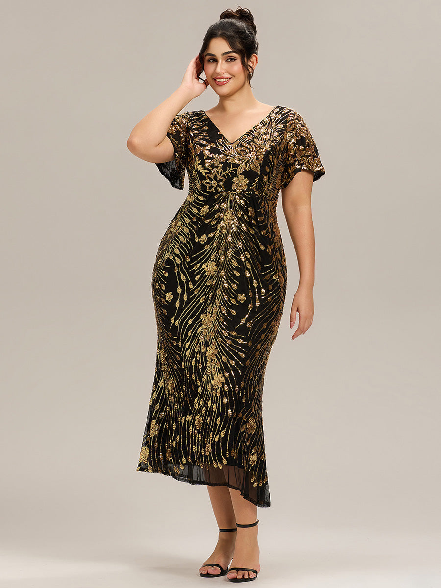 Maxi Und Knöchellange Tiefe V-Ausschnitt Meerjungfrau Pailletten Kleid Atemberaubende Eleganz Kleid #Farbe_Schwarz & Gold