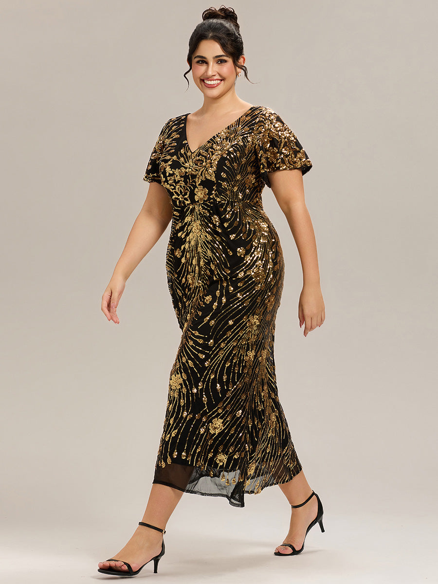 Maxi Und Knöchellange Tiefe V-Ausschnitt Meerjungfrau Pailletten Kleid Atemberaubende Eleganz Kleid #Farbe_Schwarz & Gold