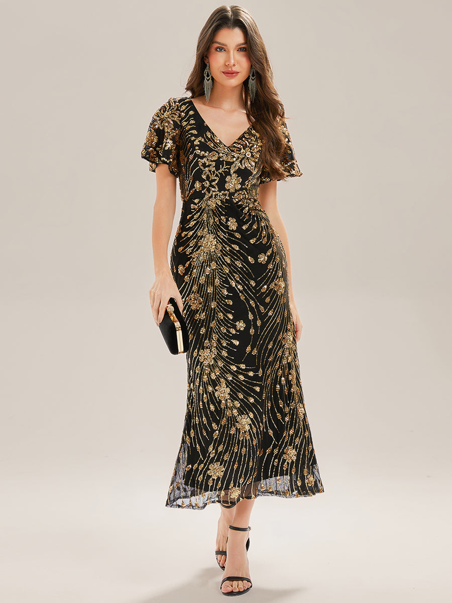 Maxi Und Knöchellange Tiefe V-Ausschnitt Meerjungfrau Pailletten Kleid Atemberaubende Eleganz Kleid #Farbe_Schwarz & Gold