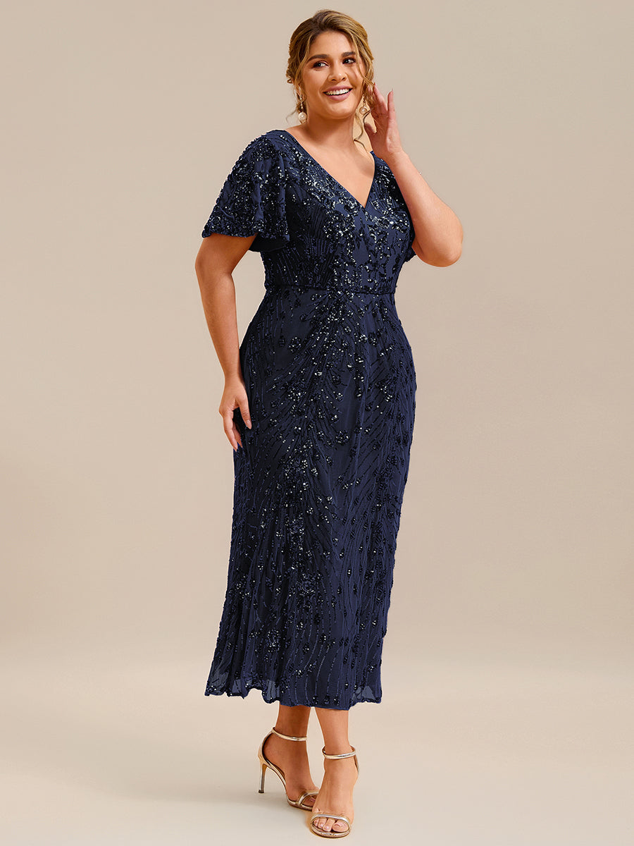 Maxi Und Knöchellange Tiefe V-Ausschnitt Meerjungfrau Pailletten Kleid Atemberaubende Eleganz Kleid #Farbe_Marineblau