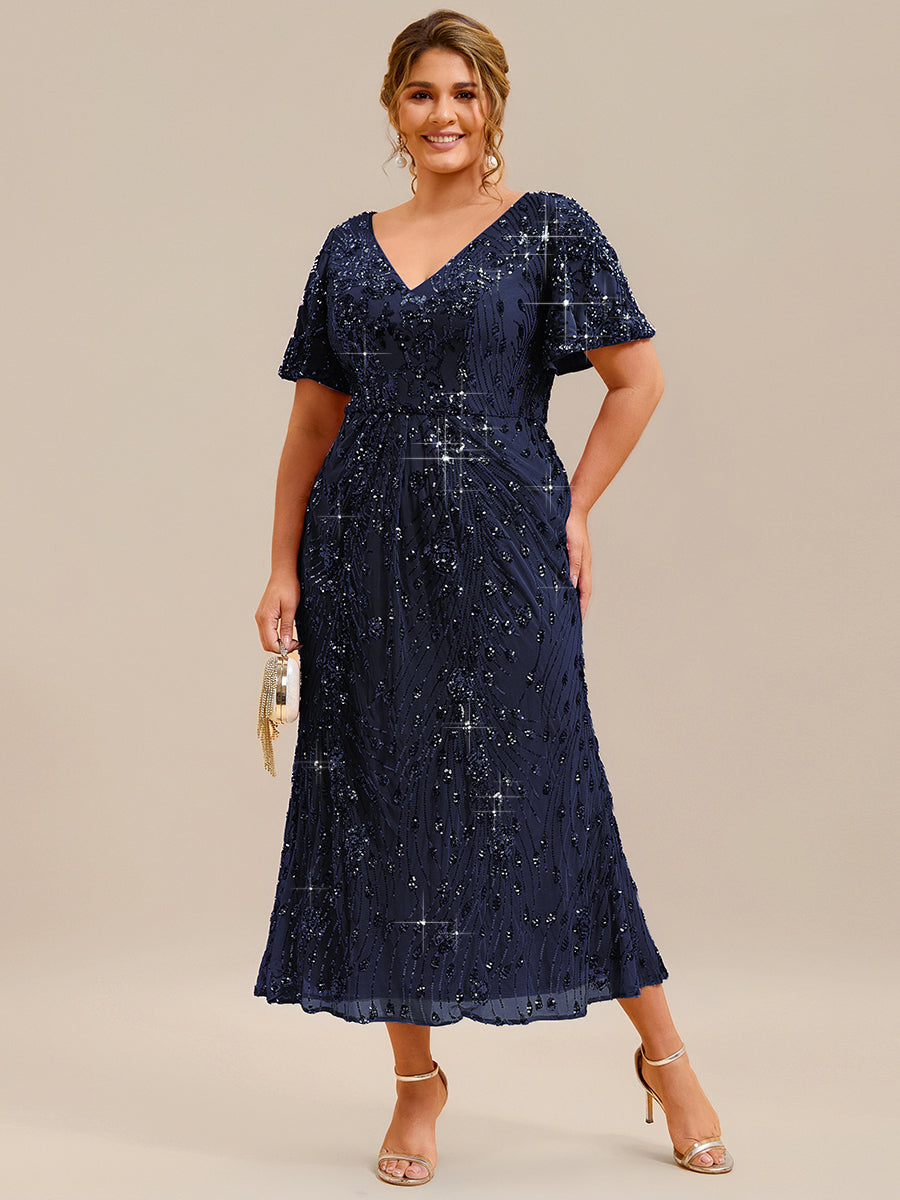 Maxi Und Knöchellange Tiefe V-Ausschnitt Meerjungfrau Pailletten Kleid Atemberaubende Eleganz Kleid #Farbe_Marineblau