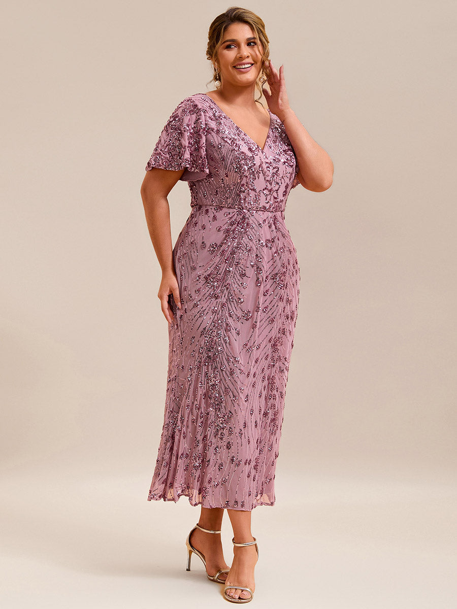 Maxi Und Knöchellange Tiefe V-Ausschnitt Meerjungfrau Pailletten Kleid Atemberaubende Eleganz Kleid #Farbe_Orchideenviolett