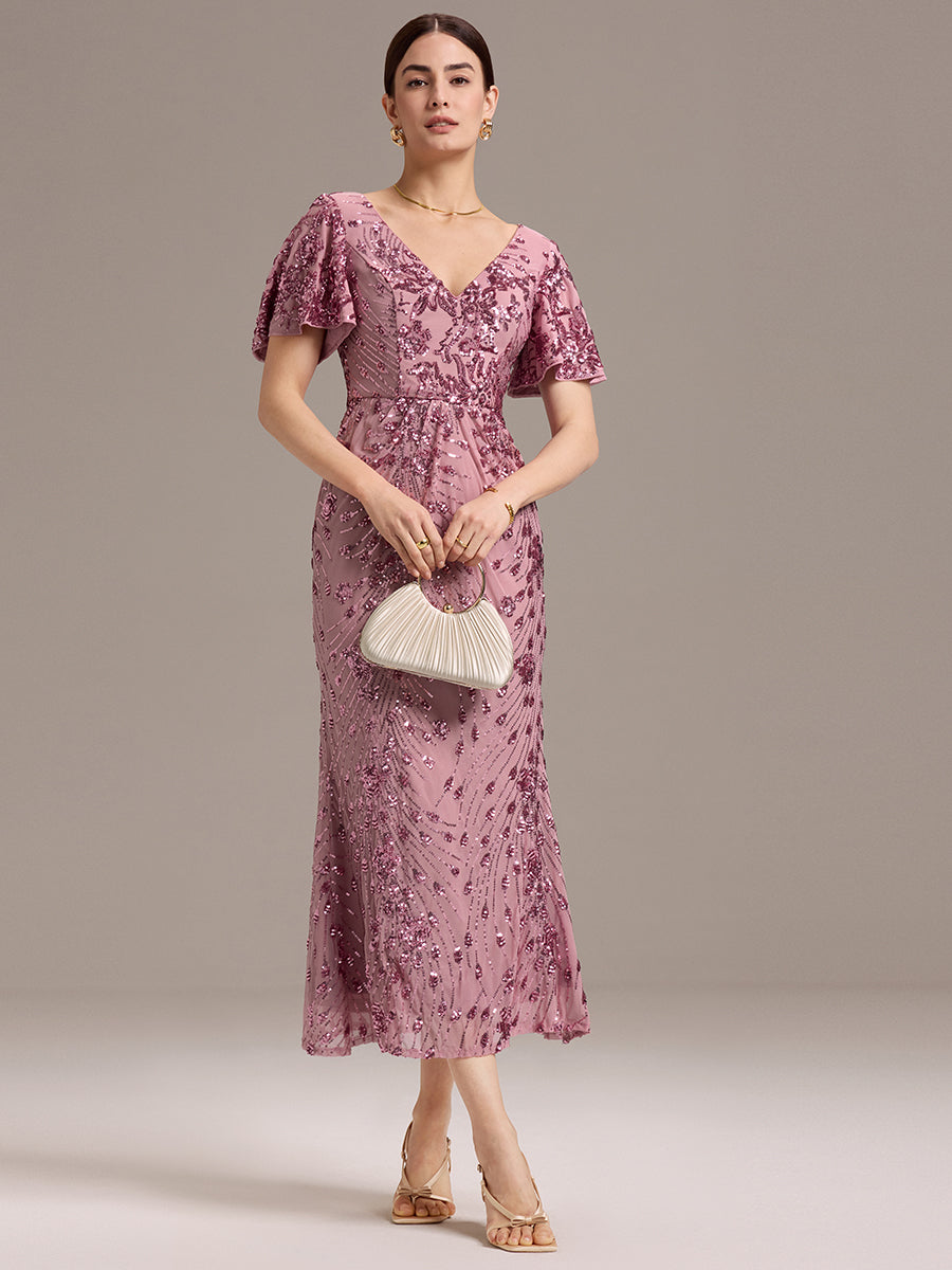 Maxi Und Knöchellange Tiefe V-Ausschnitt Meerjungfrau Pailletten Kleid Atemberaubende Eleganz Kleid #Farbe_Orchideenviolett