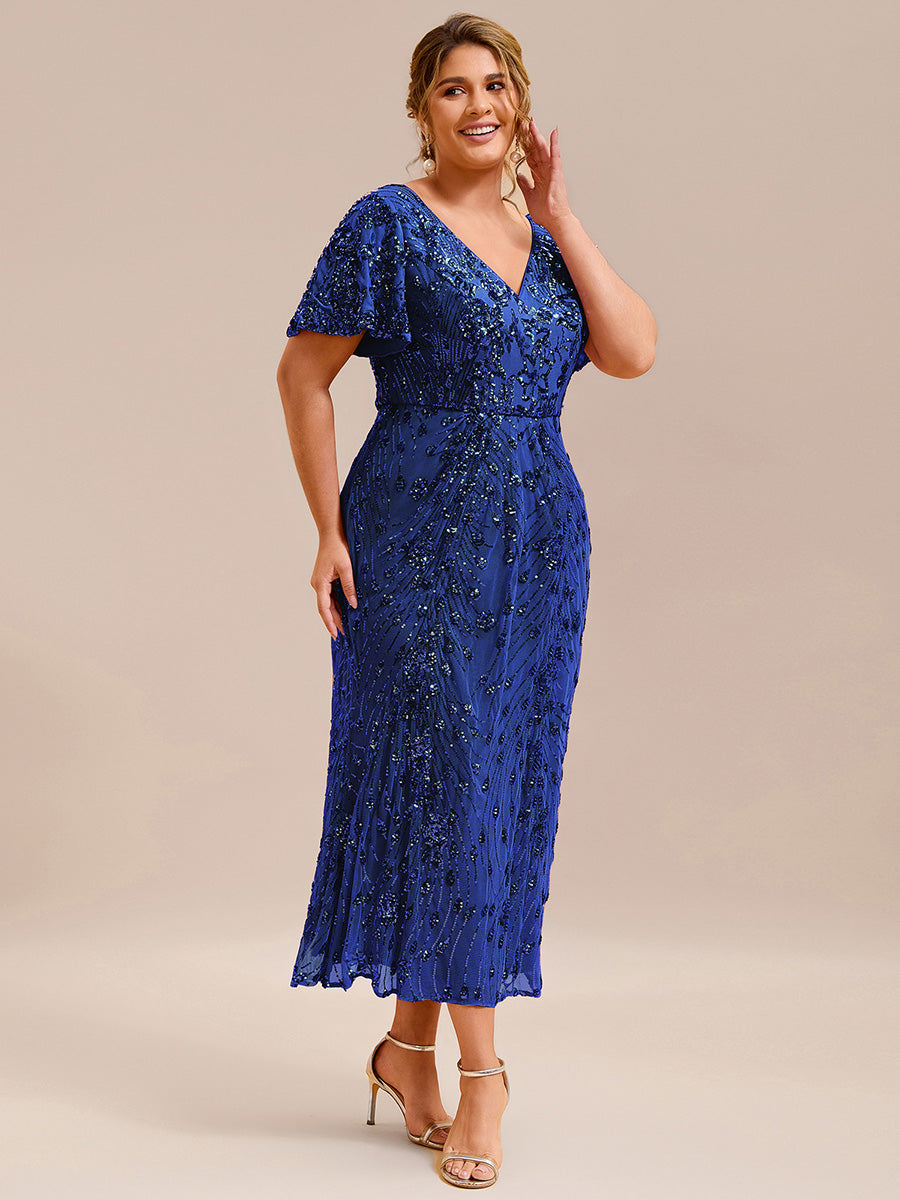 Maxi Und Knöchellange Tiefe V-Ausschnitt Meerjungfrau Pailletten Kleid Atemberaubende Eleganz Kleid #Farbe_Saphirblau