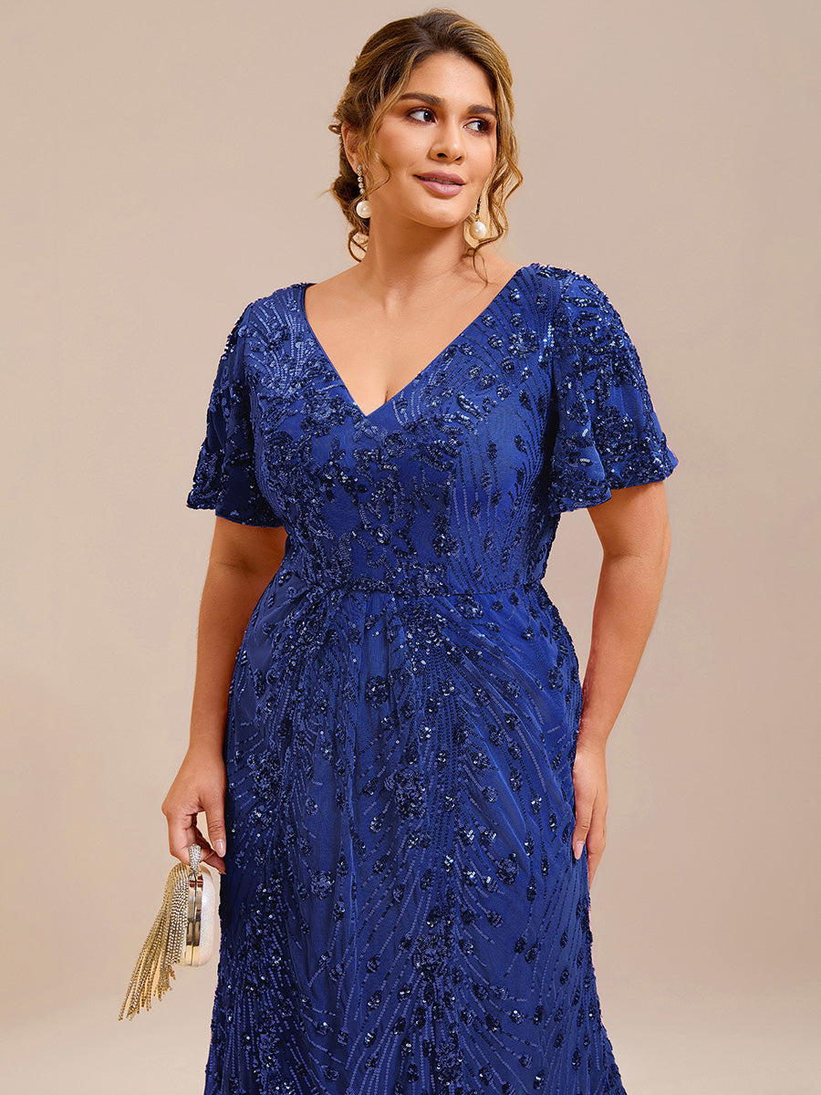 Maxi Und Knöchellange Tiefe V-Ausschnitt Meerjungfrau Pailletten Kleid Atemberaubende Eleganz Kleid #Farbe_Saphirblau
