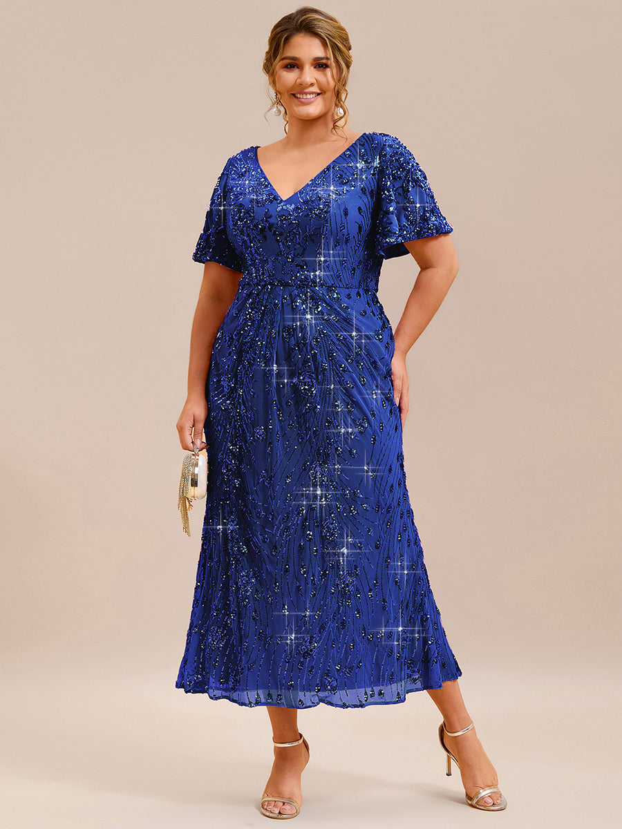 Maxi Und Knöchellange Tiefe V-Ausschnitt Meerjungfrau Pailletten Kleid Atemberaubende Eleganz Kleid #Farbe_Saphirblau