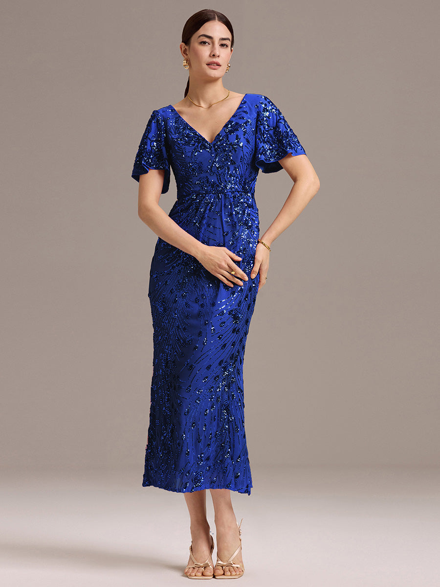 Maxi Und Knöchellange Tiefe V-Ausschnitt Meerjungfrau Pailletten Kleid Atemberaubende Eleganz Kleid #Farbe_Saphirblau
