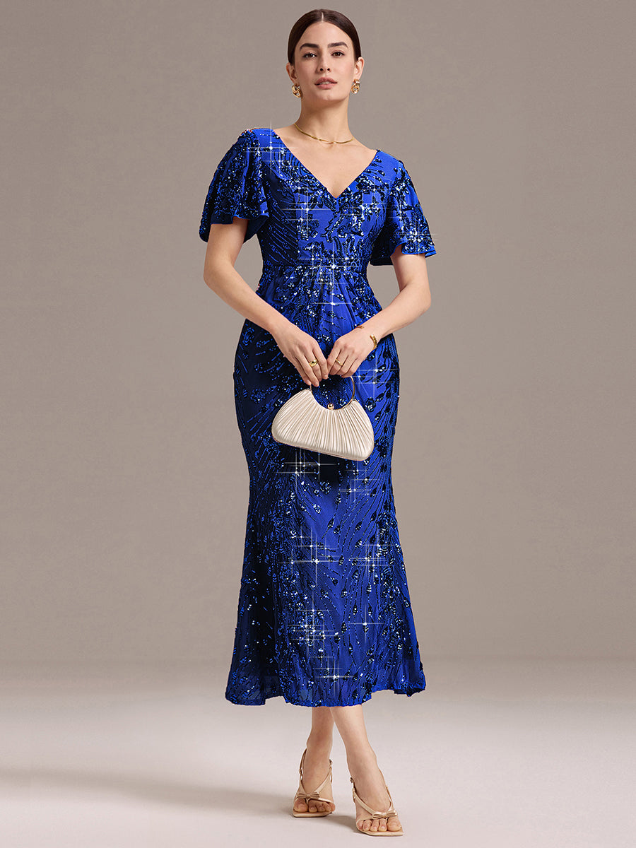 Maxi Und Knöchellange Tiefe V-Ausschnitt Meerjungfrau Pailletten Kleid Atemberaubende Eleganz Kleid #Farbe_Saphirblau