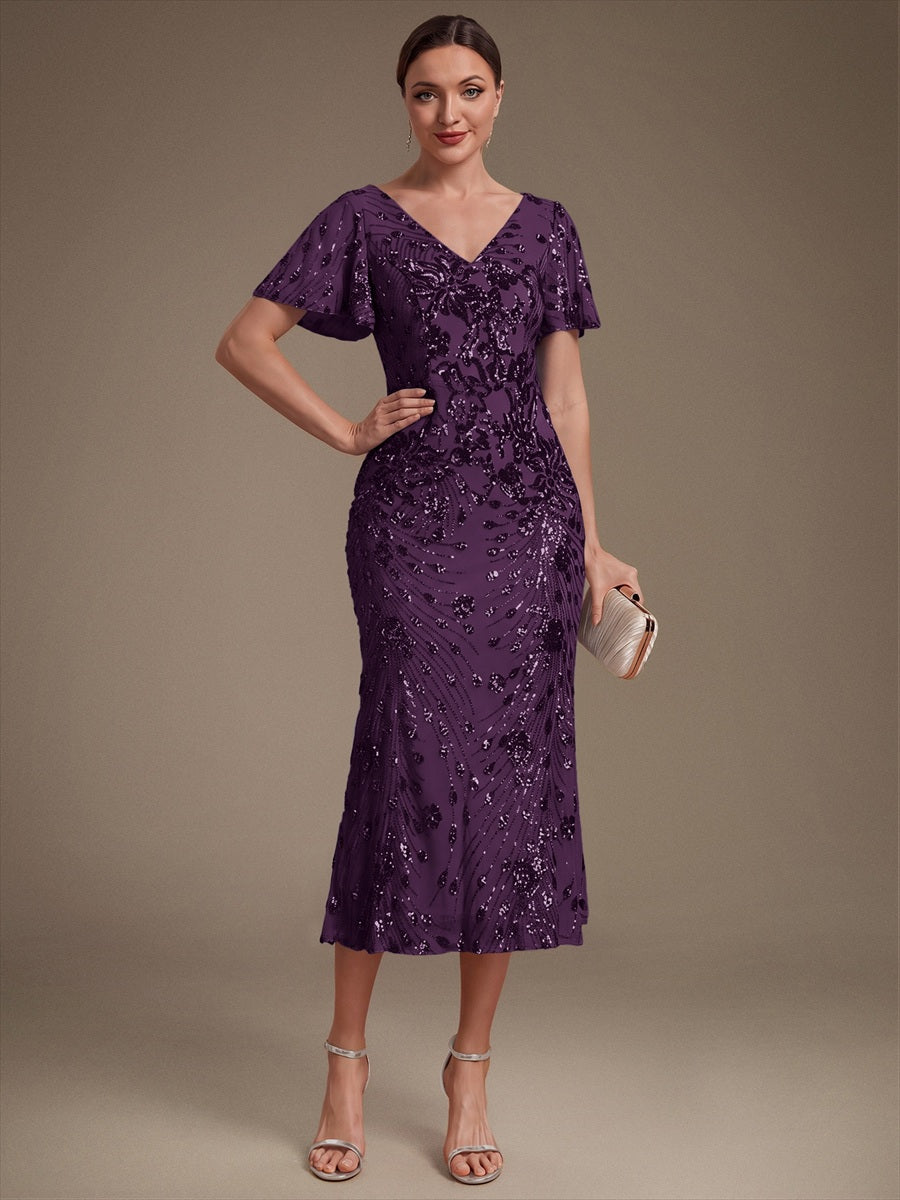 Maxi Und Knöchellange Tiefe V-Ausschnitt Meerjungfrau Pailletten Kleid Atemberaubende Eleganz Kleid #Farbe_Dunkelviolett