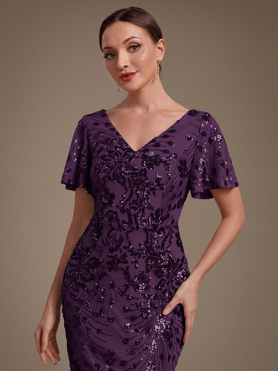 Maxi Und Knöchellange Tiefe V-Ausschnitt Meerjungfrau Pailletten Kleid Atemberaubende Eleganz Kleid #Farbe_Dunkelviolett