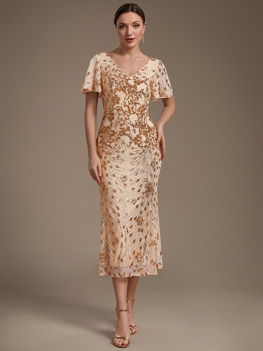 Maxi Und Knöchellange Tiefe V-Ausschnitt Meerjungfrau Pailletten Kleid Atemberaubende Eleganz Kleid #Farbe_Gold
