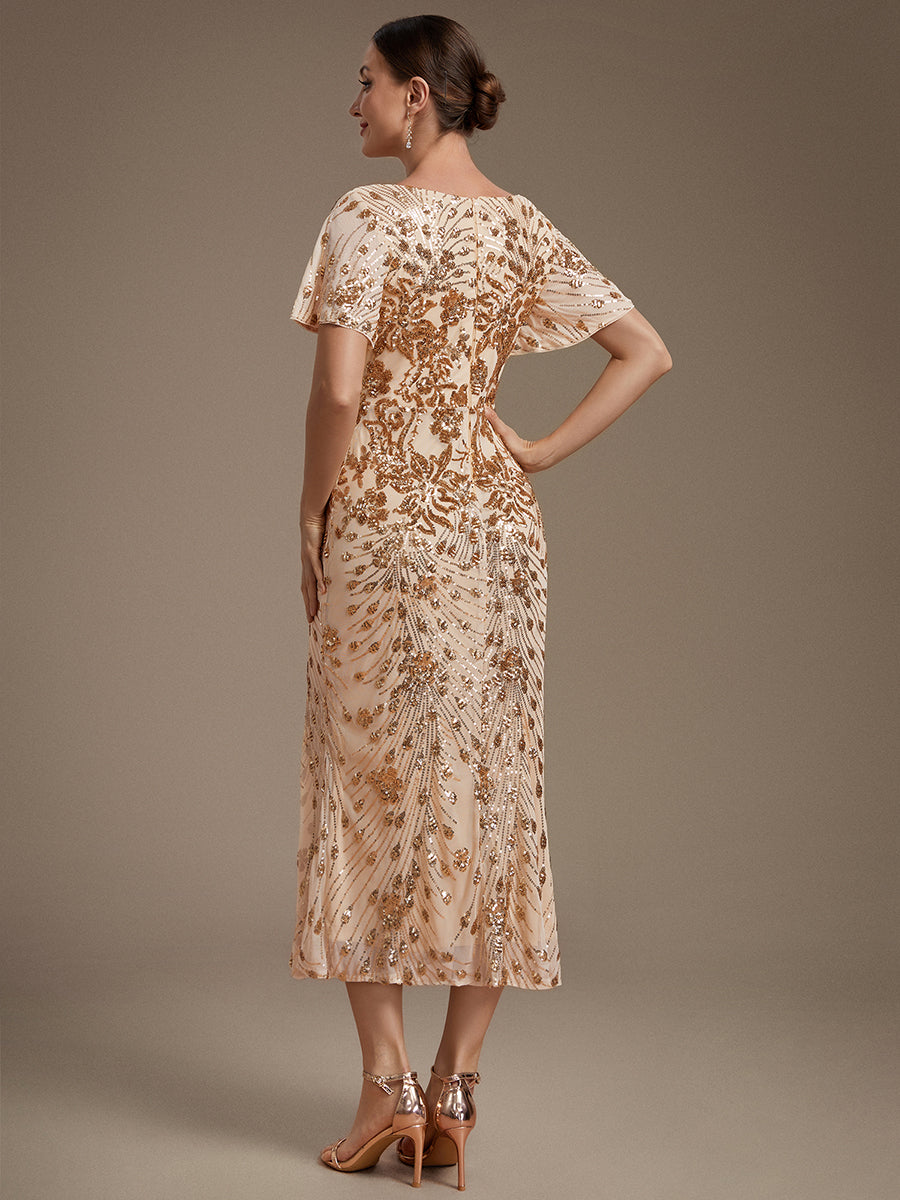 Maxi Und Knöchellange Tiefe V-Ausschnitt Meerjungfrau Pailletten Kleid Atemberaubende Eleganz Kleid #Farbe_Gold