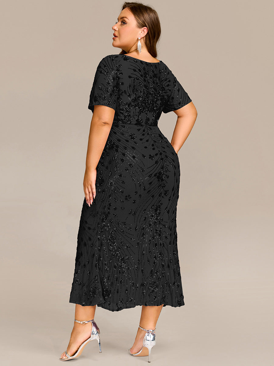 Midi Länge Meerjungfrau Pailletten Kleid Mit Rundhalsausschnitt Und Raffung Elegante Abendmode Kleid #Farbe_Schwarz
