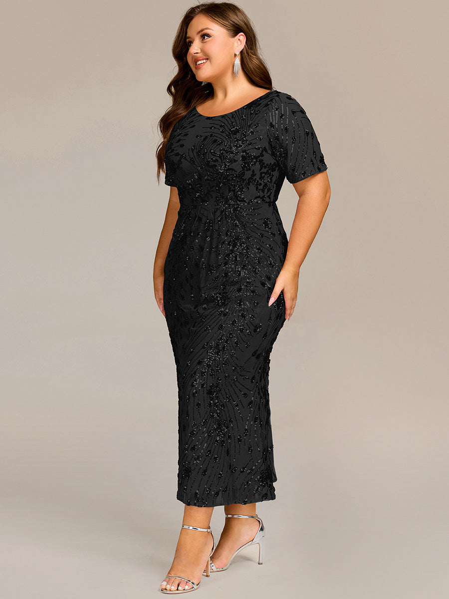 Midi Länge Meerjungfrau Pailletten Kleid Mit Rundhalsausschnitt Und Raffung Elegante Abendmode Kleid #Farbe_Schwarz