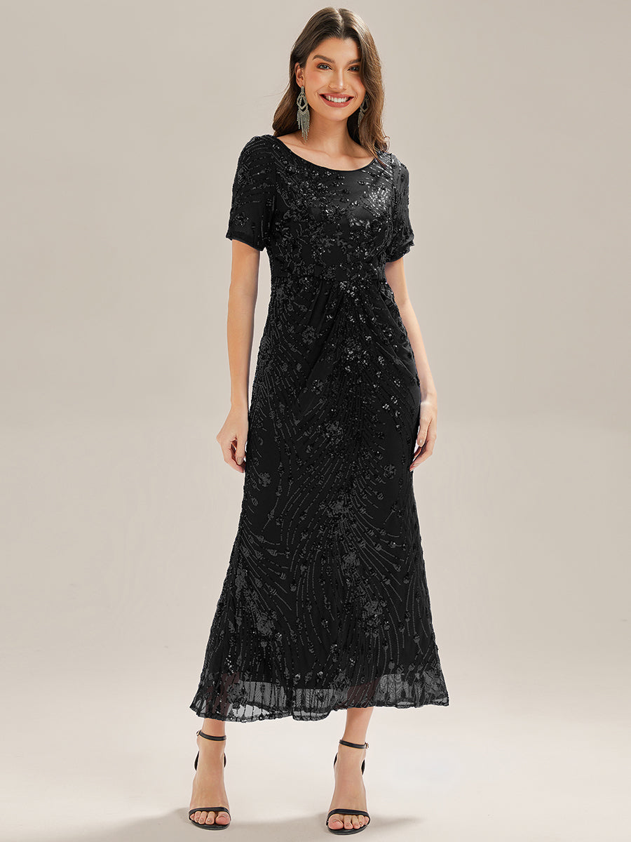 Midi Länge Meerjungfrau Pailletten Kleid Mit Rundhalsausschnitt Und Raffung Elegante Abendmode Kleid #Farbe_Schwarz