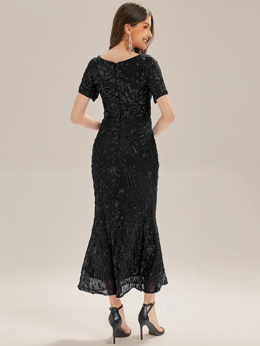 Midi Länge Meerjungfrau Pailletten Kleid Mit Rundhalsausschnitt Und Raffung Elegante Abendmode Kleid #Farbe_Schwarz