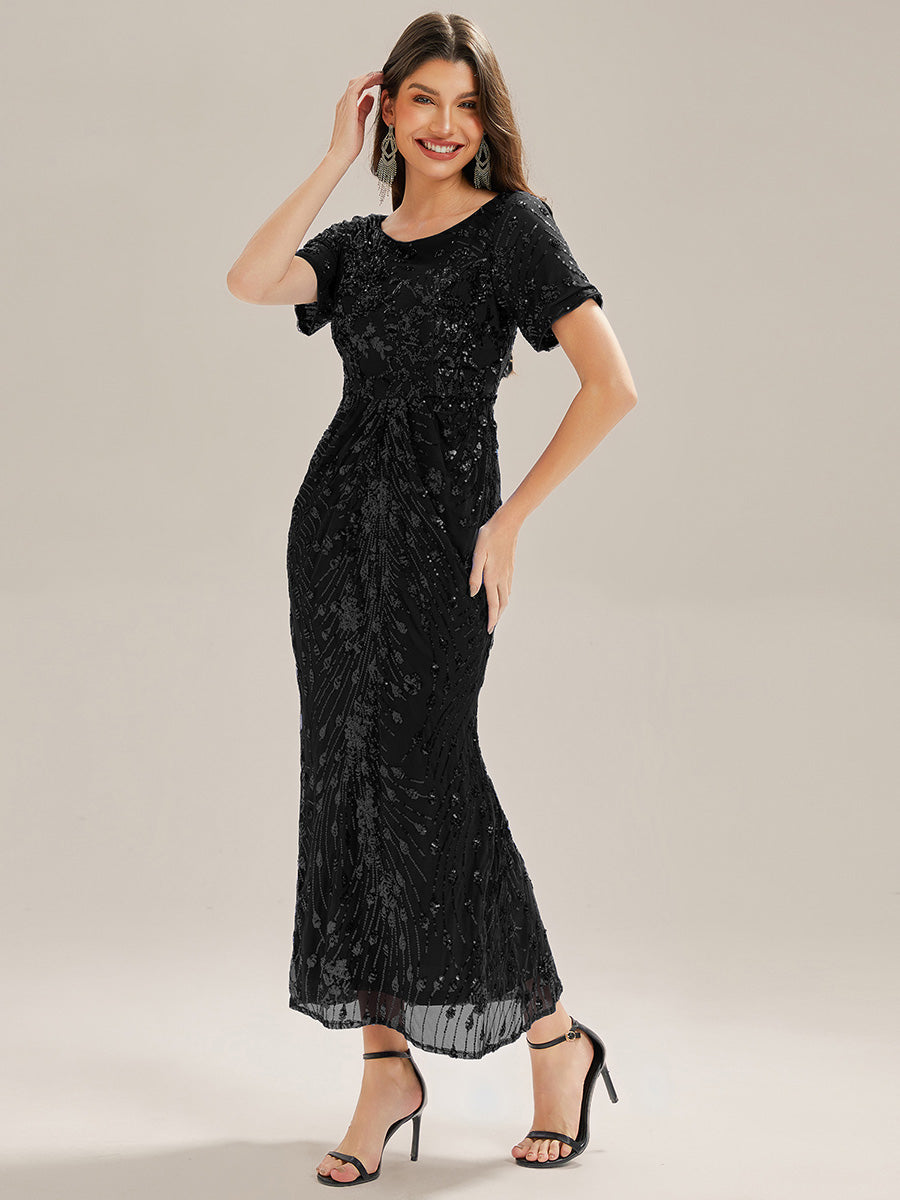 Midi Länge Meerjungfrau Pailletten Kleid Mit Rundhalsausschnitt Und Raffung Elegante Abendmode Kleid #Farbe_Schwarz