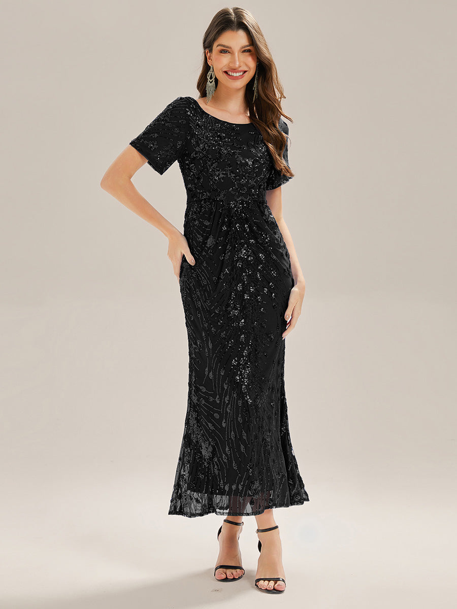 Midi Länge Meerjungfrau Pailletten Kleid Mit Rundhalsausschnitt Und Raffung Elegante Abendmode Kleid #Farbe_Schwarz