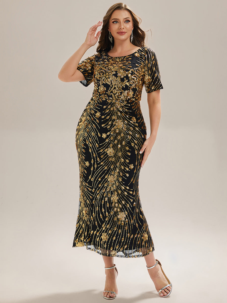 Midi Länge Meerjungfrau Pailletten Kleid Mit Rundhalsausschnitt Und Raffung Elegante Abendmode Kleid #Farbe_Schwarz & Gold