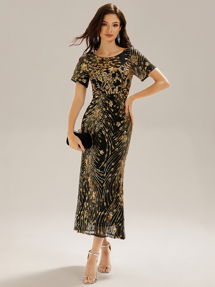 Midi Länge Meerjungfrau Pailletten Kleid Mit Rundhalsausschnitt Und Raffung Elegante Abendmode Kleid #Farbe_Schwarz & Gold