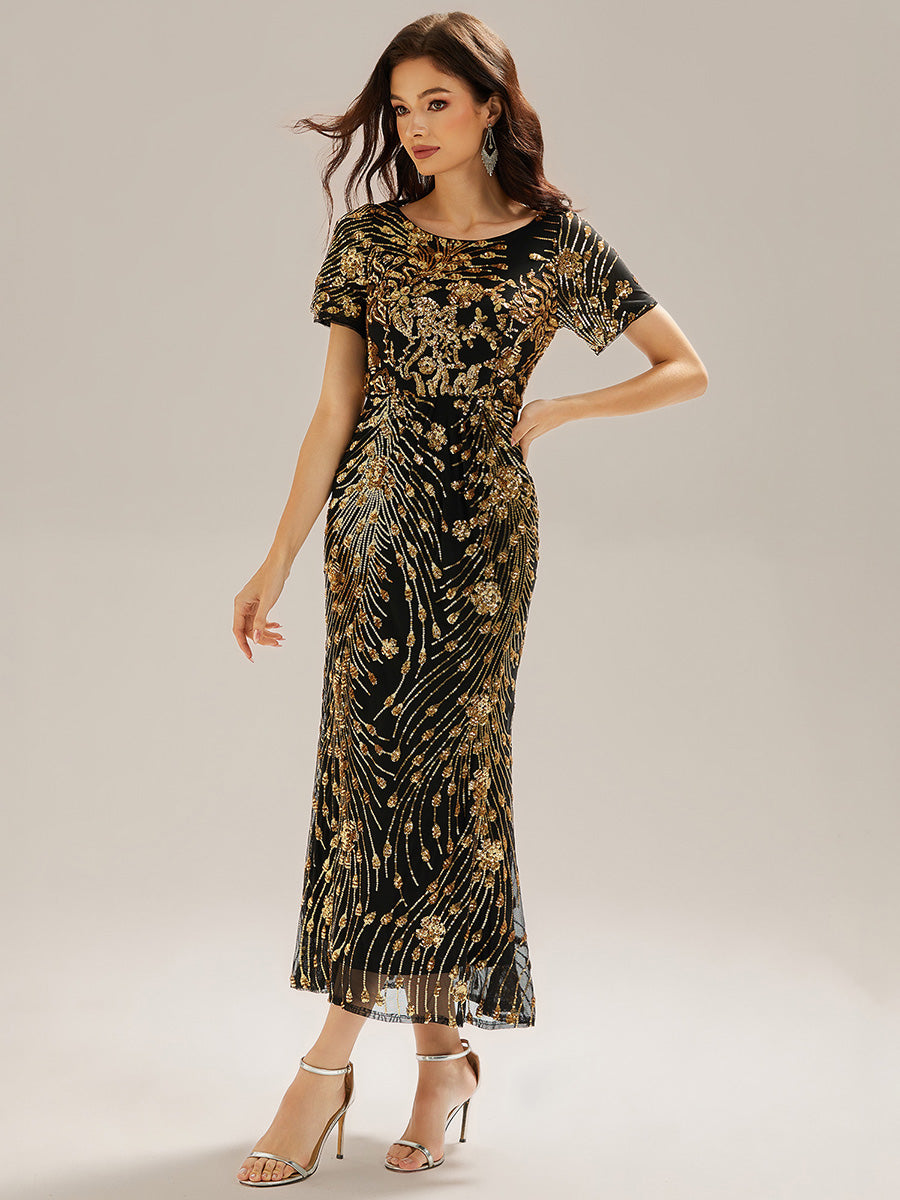 Midi Länge Meerjungfrau Pailletten Kleid Mit Rundhalsausschnitt Und Raffung Elegante Abendmode Kleid #Farbe_Schwarz & Gold
