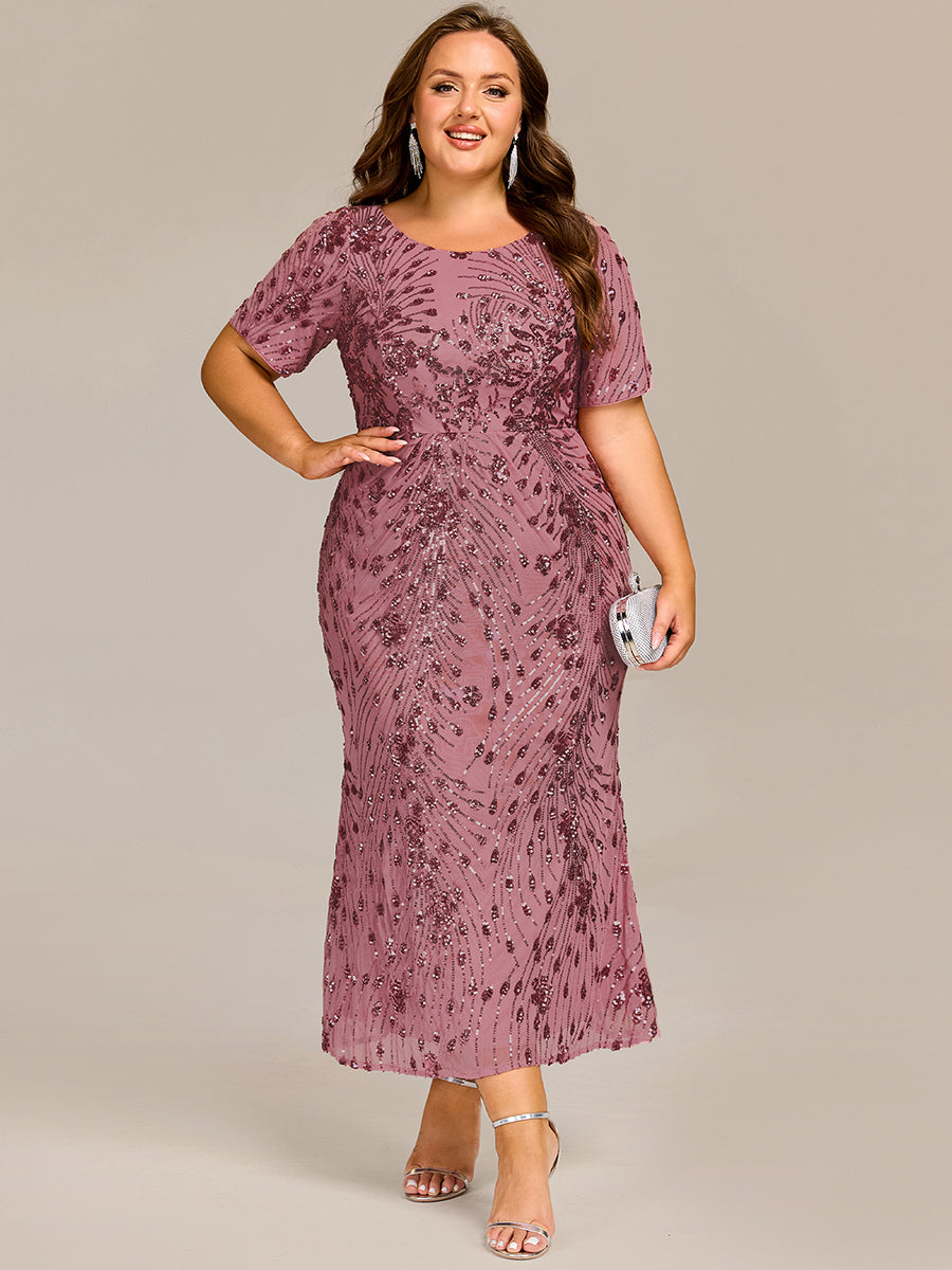 Midi Länge Meerjungfrau Pailletten Kleid Mit Rundhalsausschnitt Und Raffung Elegante Abendmode Kleid #Farbe_Orchideenviolett