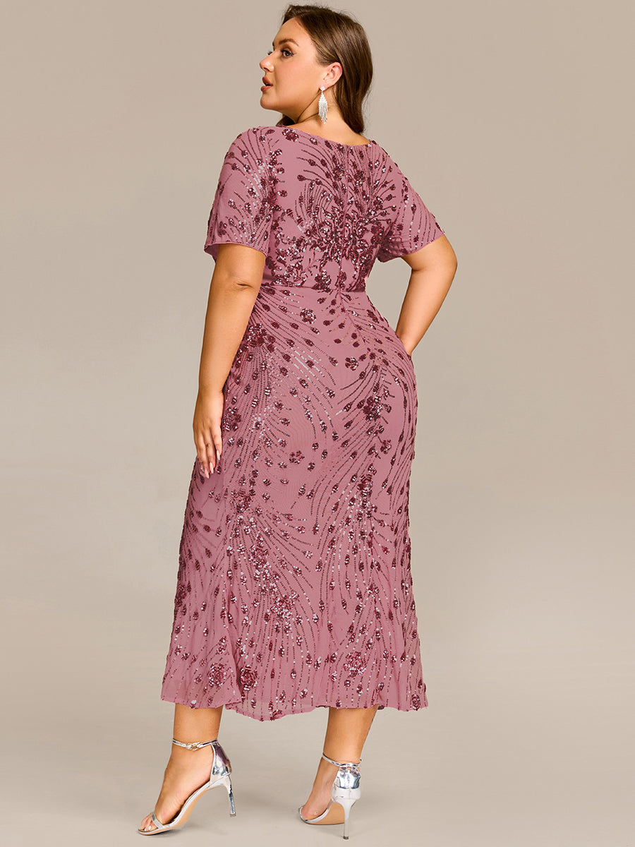 Midi Länge Meerjungfrau Pailletten Kleid Mit Rundhalsausschnitt Und Raffung Elegante Abendmode Kleid #Farbe_Orchideenviolett
