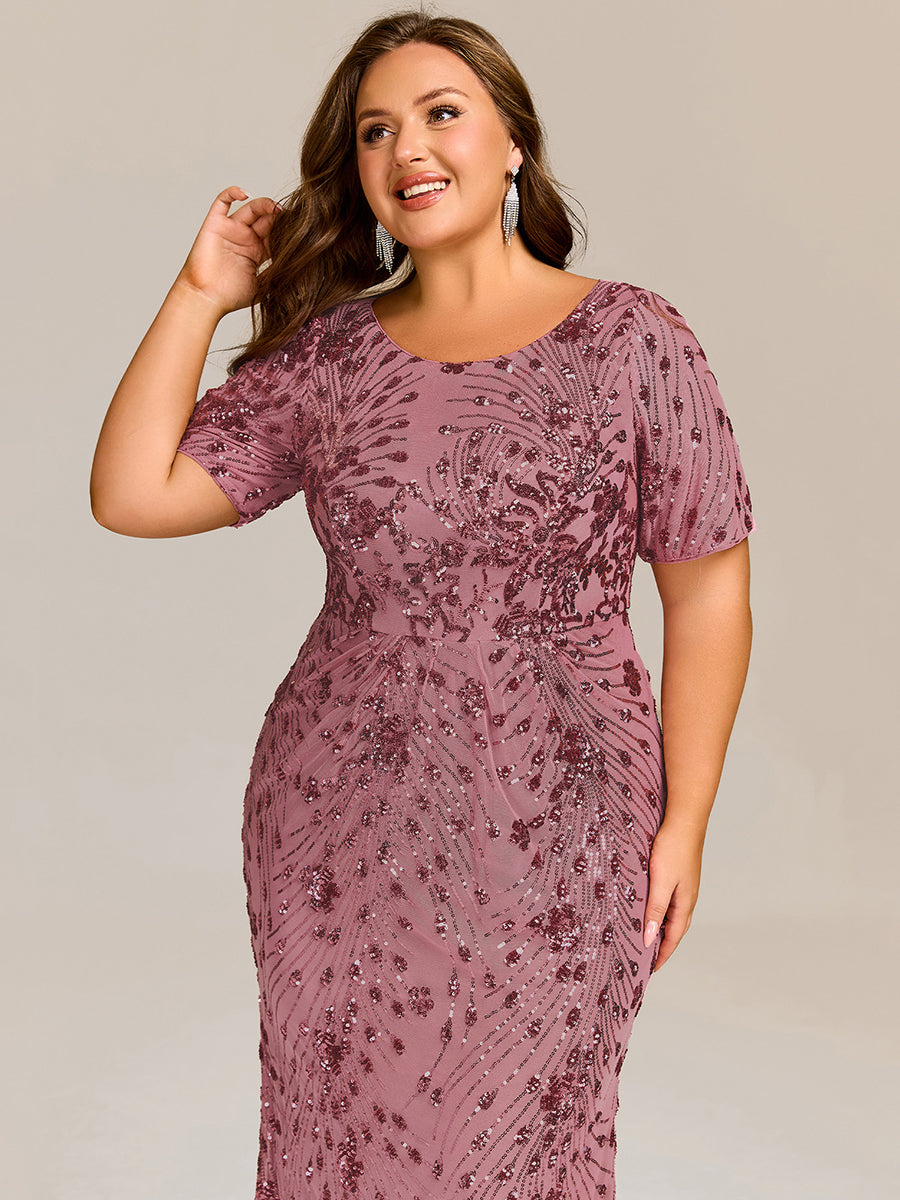 Midi Länge Meerjungfrau Pailletten Kleid Mit Rundhalsausschnitt Und Raffung Elegante Abendmode Kleid #Farbe_Orchideenviolett