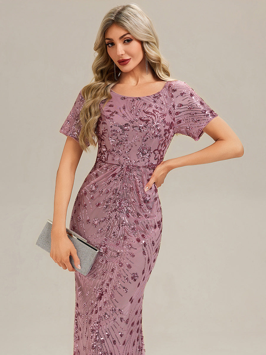 Midi Länge Meerjungfrau Pailletten Kleid Mit Rundhalsausschnitt Und Raffung Elegante Abendmode Kleid #Farbe_Orchideenviolett