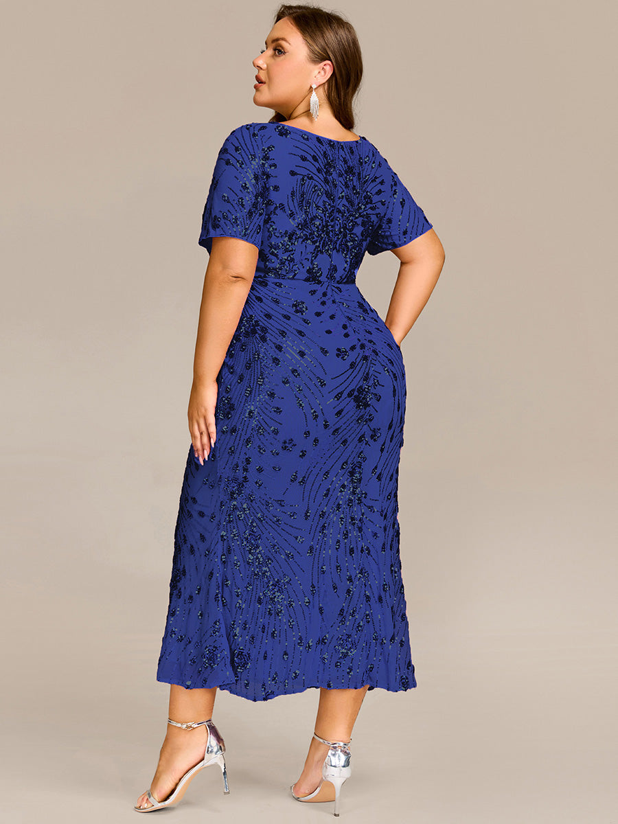 Midi Länge Meerjungfrau Pailletten Kleid Mit Rundhalsausschnitt Und Raffung Elegante Abendmode Kleid #Farbe_Saphirblau