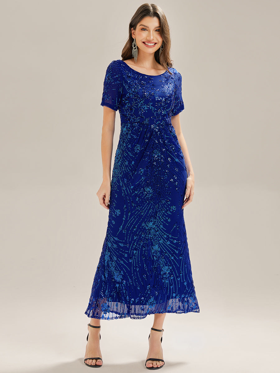 Midi Länge Meerjungfrau Pailletten Kleid Mit Rundhalsausschnitt Und Raffung Elegante Abendmode Kleid #Farbe_Saphirblau