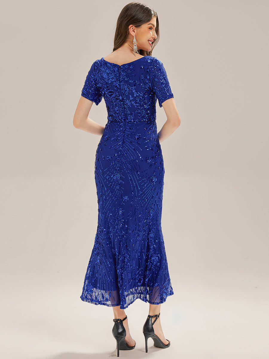 Midi Länge Meerjungfrau Pailletten Kleid Mit Rundhalsausschnitt Und Raffung Elegante Abendmode Kleid #Farbe_Saphirblau