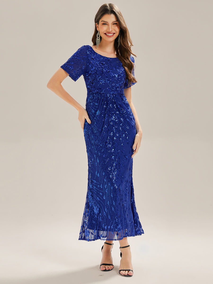 Midi Länge Meerjungfrau Pailletten Kleid Mit Rundhalsausschnitt Und Raffung Elegante Abendmode Kleid #Farbe_Saphirblau